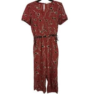 FAT FACE Red & Black Floral Elastic Waist Crop Jumpsuit Size 10